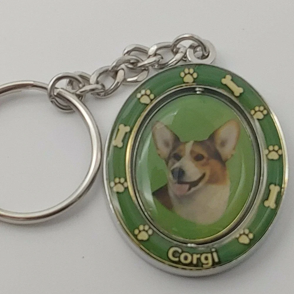 NEW Welsh Corgi Dog Breed Green 2 Sided Spinning Keychain - high quality metal